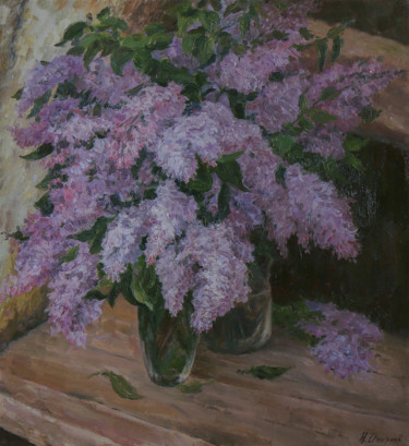 Painting titled "The Bouquet Of Lila…" by Nikolay Dmitriev, Original Artwork, Oil Mounted on Wood Stretcher frame