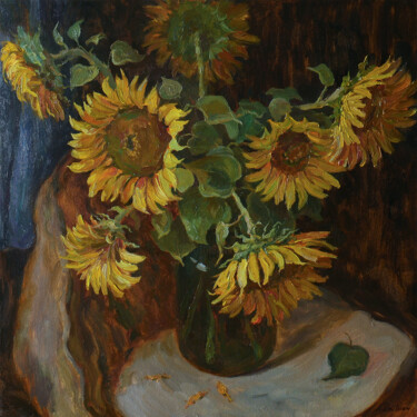 Painting titled "Sunflowers Near The…" by Nikolay Dmitriev, Original Artwork, Oil Mounted on Wood Stretcher frame