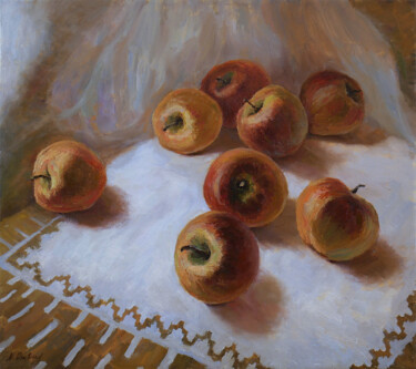 Painting titled "Red Apples On The W…" by Nikolay Dmitriev, Original Artwork, Oil Mounted on Wood Stretcher frame