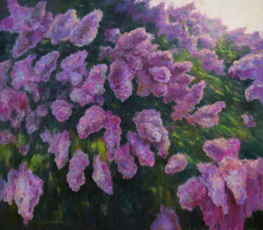 Painting titled "Blooming Lilac Bush…" by Nikolay Dmitriev, Original Artwork, Oil Mounted on Wood Stretcher frame