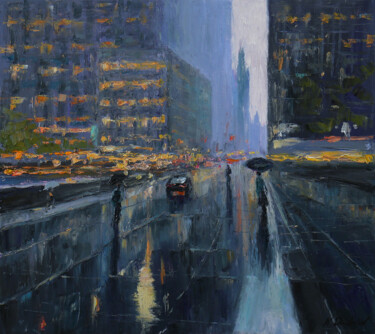 Painting titled "The Rainy Day In Ne…" by Nikolay Dmitriev, Original Artwork, Oil Mounted on Wood Stretcher frame