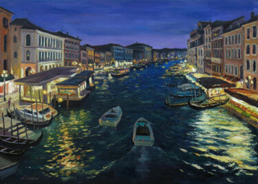 Painting titled "Night Venice. Origi…" by Nikolay Dmitriev, Original Artwork, Oil Mounted on Wood Stretcher frame