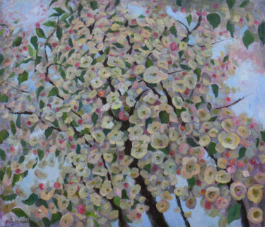 Painting titled "Blooming Apple Tree…" by Nikolay Dmitriev, Original Artwork, Oil Mounted on Wood Stretcher frame
