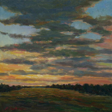 Painting titled "Beautiful Sunset. O…" by Nikolay Dmitriev, Original Artwork, Oil Mounted on Wood Stretcher frame