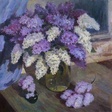 Painting titled "The Night Lilac - O…" by Nikolay Dmitriev, Original Artwork, Oil Mounted on Wood Stretcher frame
