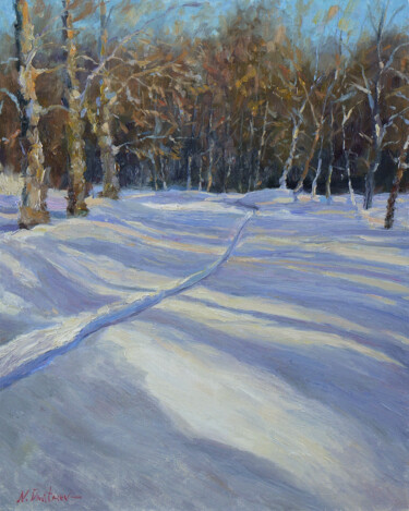 Painting titled "The Snowy Sunny Pat…" by Nikolay Dmitriev, Original Artwork, Oil Mounted on Cardboard