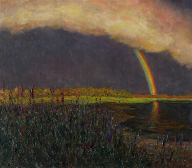 Картина под названием "Rainbow landscape p…" - Nikolay Dmitriev, Подлинное произведение искусства, Масло Установлен на картон