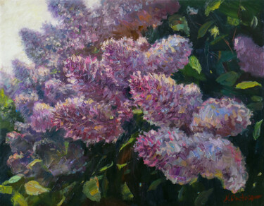 Painting titled "Sunny Lilacs - Lila…" by Nikolay Dmitriev, Original Artwork, Oil Mounted on Wood Stretcher frame
