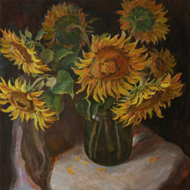 Painting titled "Sunflowers - Origin…" by Nikolay Dmitriev, Original Artwork, Oil Mounted on Wood Stretcher frame
