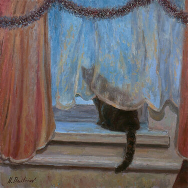Painting titled "Cat Waiting For Chr…" by Nikolay Dmitriev, Original Artwork, Oil Mounted on Wood Stretcher frame