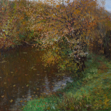 Painting titled "Silent Autumn - riv…" by Nikolay Dmitriev, Original Artwork, Oil Mounted on Wood Stretcher frame