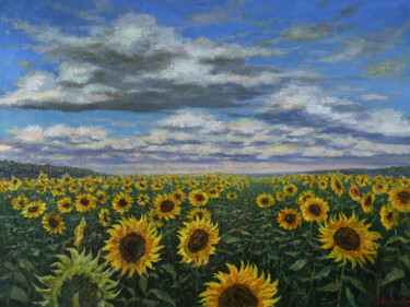 Painting titled "Sunflowers - sunflo…" by Nikolay Dmitriev, Original Artwork, Oil Mounted on Wood Stretcher frame