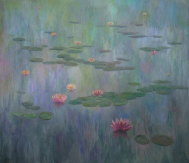 Painting titled "Water Lilies - Wate…" by Nikolay Dmitriev, Original Artwork, Oil Mounted on Wood Stretcher frame