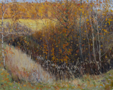 Painting titled "October - sunny aut…" by Nikolay Dmitriev, Original Artwork, Oil Mounted on Wood Stretcher frame