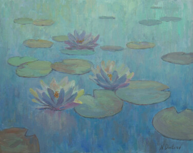 Painting titled "Light Water Lilies…" by Nikolay Dmitriev, Original Artwork, Oil Mounted on Wood Stretcher frame