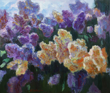 Painting titled "Sunny Lilac Branche…" by Nikolay Dmitriev, Original Artwork, Oil Mounted on Wood Stretcher frame