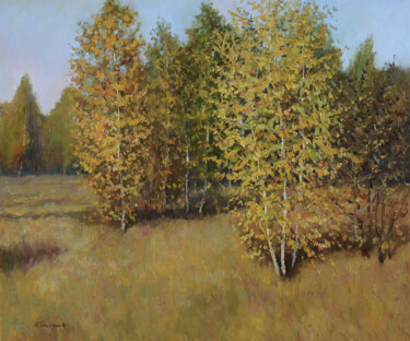 Painting titled "Golden Autumn - sun…" by Nikolay Dmitriev, Original Artwork, Oil Mounted on Wood Stretcher frame