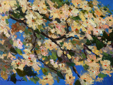 Schilderij getiteld "Blooming Branches -…" door Nikolay Dmitriev, Origineel Kunstwerk, Olie Gemonteerd op Karton