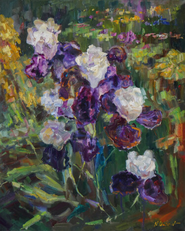 Картина под названием "Irises - irises pai…" - Nikolay Dmitriev, Подлинное произведение искусства, Масло