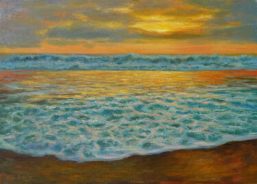 Painting titled "Beautiful Sea Sunse…" by Nikolay Dmitriev, Original Artwork, Oil Mounted on Wood Stretcher frame