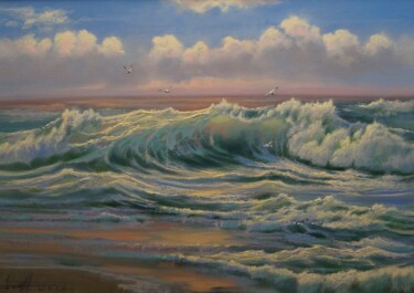 Painting titled "Sea" by Dmitrii Balakhonov, Original Artwork, Oil Mounted on Wood Stretcher frame