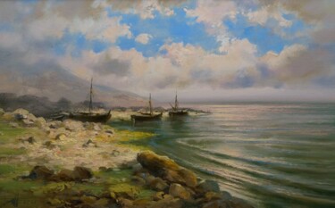 Painting titled "On the shore" by Dmitrii Balakhonov, Original Artwork, Oil Mounted on Wood Stretcher frame
