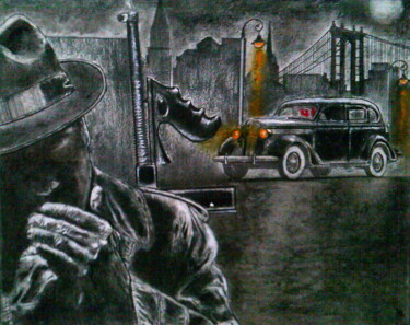 Schilderij getiteld "Время гангстеров" door Dmitrii Illarionov, Origineel Kunstwerk, Houtskool
