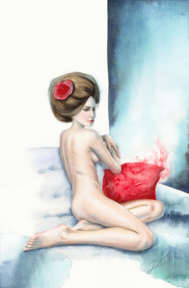 Painting titled "WITH PILLOW" by Dmitrii Kastalskii, Original Artwork, Watercolor