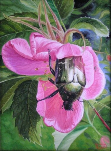 Картина под названием "Бронзовка на цветке…" - Дмитрий Репин, Подлинное произведение искусства, Масло