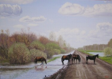 Картина под названием "Весна,лошади" - Дмитрий Репин, Подлинное произведение искусства, Масло