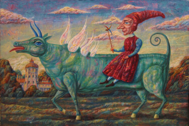 Painting titled "Green bull ride" by Dmitrii Ryzhikov, Original Artwork, Acrylic