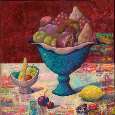 Pintura intitulada "Blue vase with pears" por Dmitrii Ryzhikov, Obras de arte originais, Óleo Montado em Armação em madeira