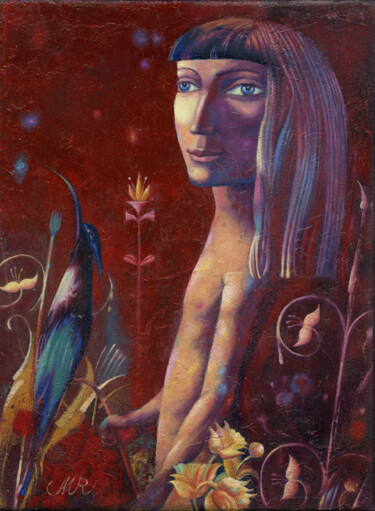 Painting titled "Young man and bird" by Dmitrii Ryzhikov, Original Artwork, Oil Mounted on Wood Stretcher frame
