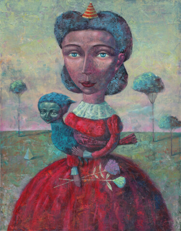 Painting titled "A lady in a red..." by Dmitrii Ryzhikov, Original Artwork, Acrylic Mounted on Wood Stretcher frame