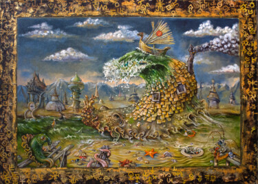 Malarstwo zatytułowany „Tsunami (three hidd…” autorstwa Дмитрий Хась, Oryginalna praca, Olej Zamontowany na Drewniana rama n…