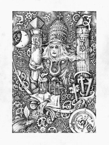 Dessin intitulée "#II The Popess" par Dmitrij Has, Œuvre d'art originale, Stylo gel