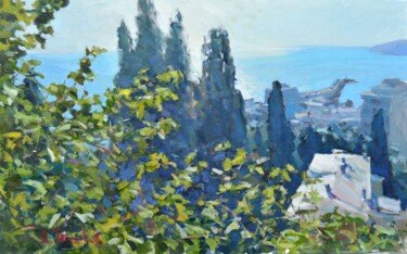 Painting titled "cypresses under the…" by Dmitrii Pashkov, Original Artwork, Oil