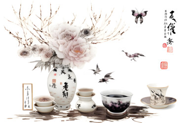 Картина под названием "Чайная церемония" - Dmitriy Ivanov, Подлинное произведение искусства, Чернила Установлен на Алюминий