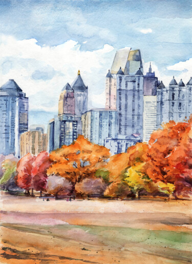 Картина под названием "Autumn city landsca…" - Dmitriy Shvetsov, Подлинное произведение искусства, Акварель