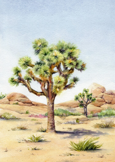 Painting titled "Desert, Joshua tree" by Dmitriy Shvetsov, Original Artwork, Watercolor