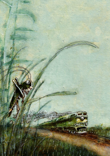Картина под названием "кузнечик и поезд" - Dmitriy Trubin, Подлинное произведение искусства