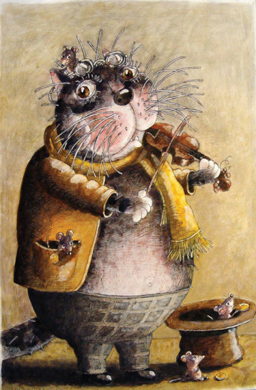 Painting titled "chat jouant du viol…" by Dmitriy Trubin, Original Artwork, Watercolor