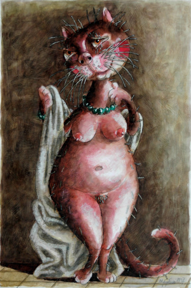 Картина под названием "Кошка Ню/CAT NAKED" - Dmitriy Trubin, Подлинное произведение искусства, Акварель