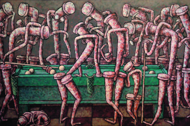Картина под названием "Les joueurs de bill…" - Dmitriy Trubin, Подлинное произведение искусства, Акрил Установлен на Деревян…