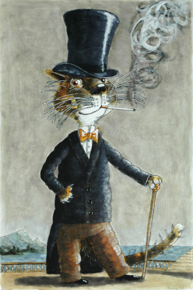 Картина под названием "Кот в цилиндре" - Dmitriy Trubin, Подлинное произведение искусства