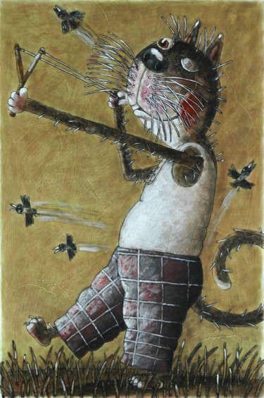 Peinture intitulée "tir une fronde chat…" par Dmitriy Trubin, Œuvre d'art originale, Aquarelle