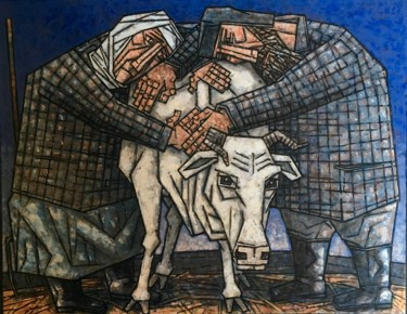 ПРОЩАНИЕ С БЕЛОЙ КОРОВОЙ/FAREWELL TO THE WHITE COW Картина под названием "ПРОЩАНИЕ С БЕЛОЙ КО…" - Dmitriy Trubin, Подлинное произведение искусства, Масло