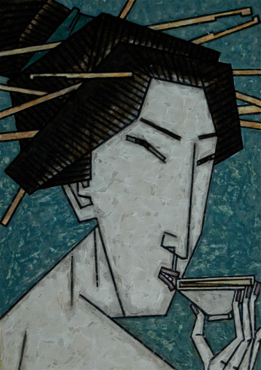 Pittura intitolato ""saké potable" "пью…" da Dmitriy Trubin, Opera d'arte originale, Acrilico