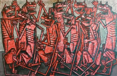 Painting titled "dance red cats" by Dmitriy Trubin, Original Artwork, Oil