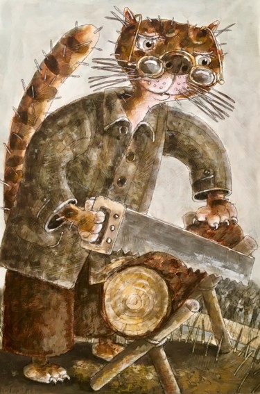 Картина под названием "Cat sawing log / ко…" - Dmitriy Trubin, Подлинное произведение искусства, Акварель